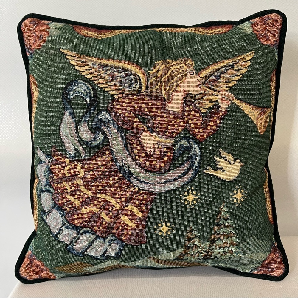 Vintage Christmas Angel Green Tapestry Accent Pillow